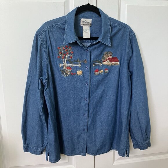Vtg Tradition Country Collection Shirt Womens Autumn Farm Pumpkin Granny Denim - Picture 1 of 8